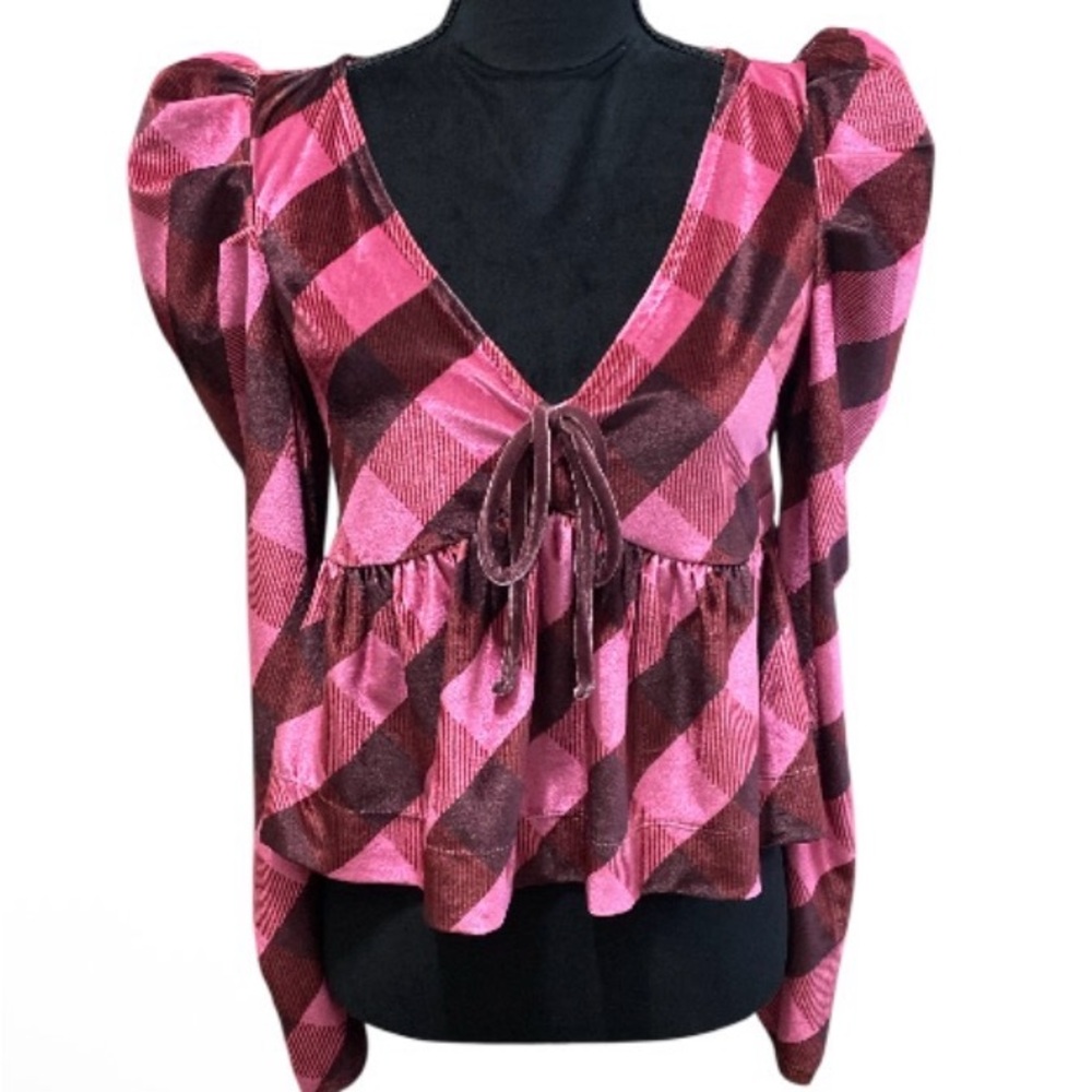 Maeve Plaid Velvet Puff Sleeve Blouse - Picture 3 of 8